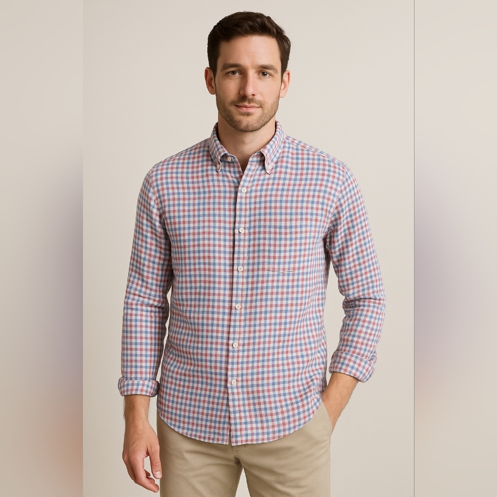 J.CREW Men's M 100% Linen Gingham Button Down Shirt Red Blue Classic Fit